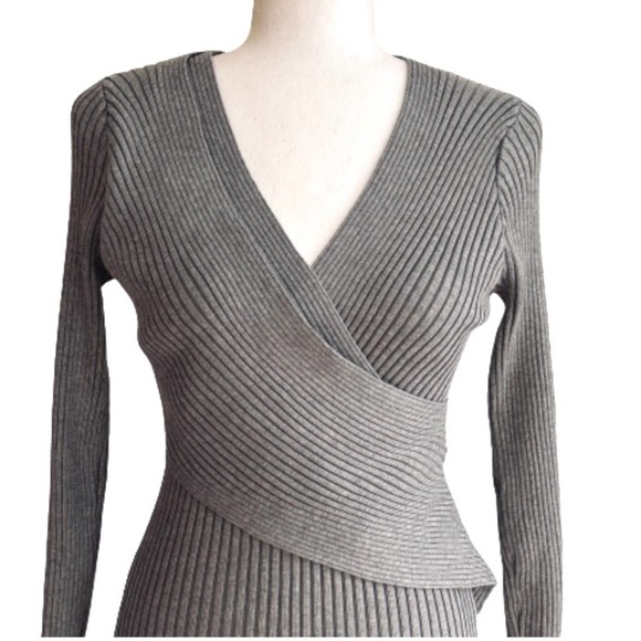 Tam Ware Dress Gray Ribbed Knit V Neck Long Sleeve Sweater Bodycon Dress Small - Picture 4 of 12